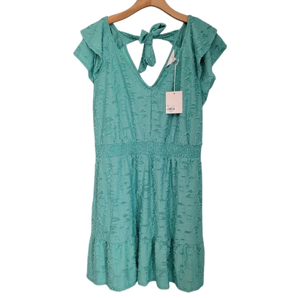 NWT LC LAUREN CONRAD Sz L VALEZ AQUA FLORAL FRINGE‎ RUFFLE TIE BACK V-NECK DRESS